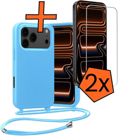 Hoesje Geschikt voor iPhone 17 Pro / 18 Pro Hoes Met Telefoonketting Met 2x Screenprotector - Backcover Geschikt voor iPhone 17 Pro / 18 Pro Case Met Koord - Lichtblauw