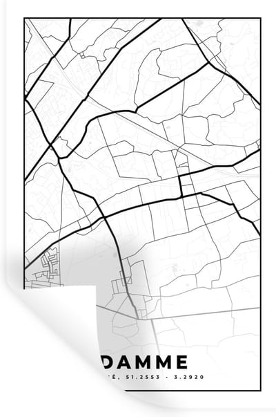 Muurstickers - Sticker Folie - België – Damme – Stadskaart – Kaart – Zwart Wit – Plattegrond - 20x30 cm - Plakfolie - Muurstickers Kinderkamer - Zelfklevend Behang - Zelfklevend behangpapier - Stickerfolie