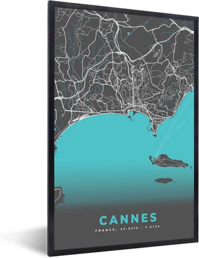 Fotolijst incl. Poster - Cannes - Frankrijk - Kaart - Stadskaart - Plattegrond - 40x60 cm - Posterlijst