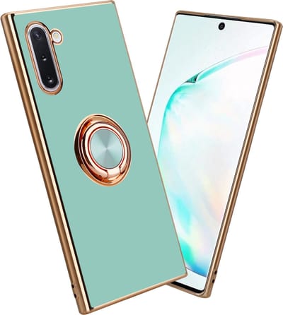 Cadorabo Hoesje geschikt voor Samsung Galaxy NOTE 10 in Glossy Turquoise - Goud met ring - Beschermhoes van flexibel TPU-silicone Case Cover met camerabescherming en magnetische autohouder