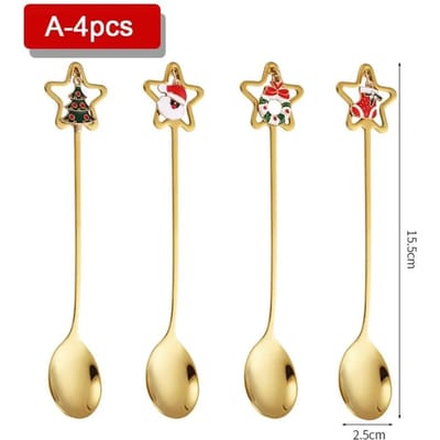 4 STUKS Kerst RVS Lepel Kerst Koffielepels Set Goud Huis Restaurant Dessert Bestekset, Hanger voor Kerstfeest beige