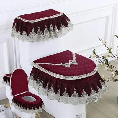 3PCS Tapis de Toilette Style Jupe en Velours Décoré de Dentelle Brodé Tapis de Siège de Toilette Housse Anti-poussière Imprimée pour Abattant de Toilette