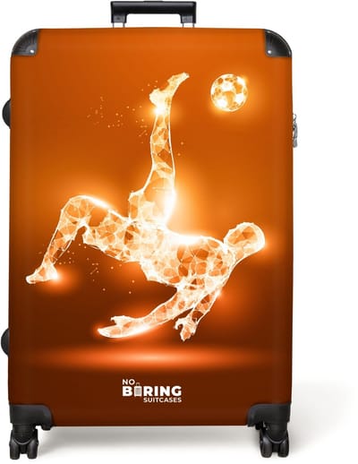 NoBoringSuitcases.com® - Koffer groot - Reiskoffer lichtgewicht - Oranje lichtvoetballer in zweefmoment - Rolkoffer met 4 wielen - Grote trolley XL - 98 liter bagage