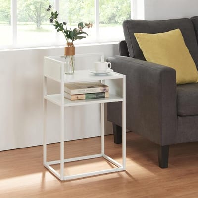 Bijzettafel met Opbergrek - Salontafel Nachtkastje - Woonkamer Meubel - Tijdloos Design Stabiel Frame - 65x40x30cm - Wit Mat