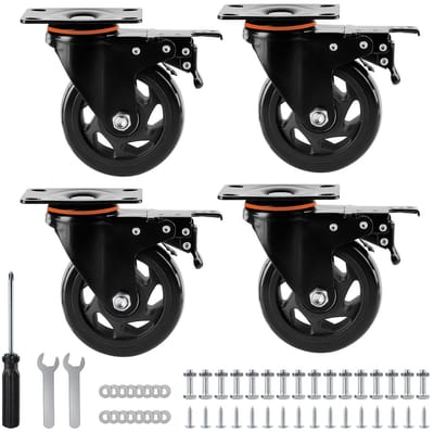 Set van 4 Zware Vervangwielen met Rem, 100 mm Polyurethaan Meubelwielen voor Zware Lasten, 360 Graden Rotatie en Montageaccessoires
