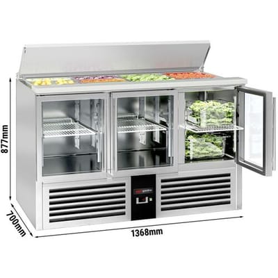 GGM Gastro Saladette PREMIUM - 1370mm - 3 Glastüren - mit Einlass für 4x GN 1/1 & Edelstahldeckel