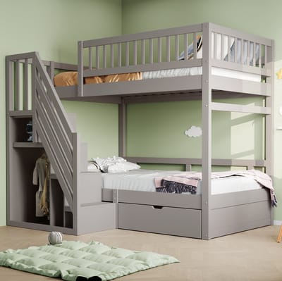 COVREO Stapelbed 90x200 cm grijs met opbergladder zonder matras