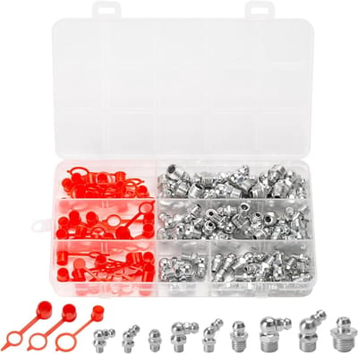 Vetnippel Assortiment - Vetnippel Fittingen - Machine Smering - Gegalvaniseerd IJzer - 112 stuks - Rode Stofkappen