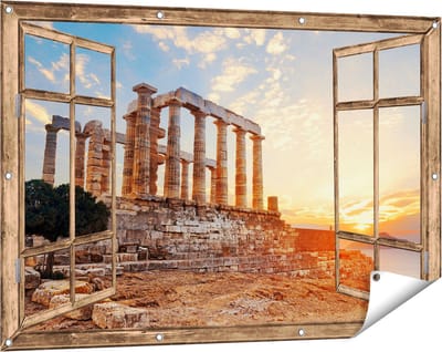 Gards Tuinposter Doorkijk Tempel van Poseidon in Athene, Griekenland - 120x80 cm - Tuindoek - Tuindecoratie - Wanddecoratie buiten - Tuinschilderij