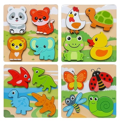 Houten Puzzelset 4 stuks voor Kinderen – Bextunio Educatieve 3D Inlegpuzzels 8x8 cm – Houten Speelgoed Cadeau – Dieren, het perfecte cadeau voor verjaardagen, kerst
