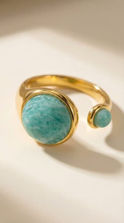 Lundholm Sophia Ring Dames – Premium Stainless Steel PVD Gold Plated – Verstelbare Ring Goudkleurig met Amazoniet Ring Edelstenen Steen Blauw Azuur – One Size – Scandinavisch Design