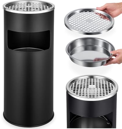 tectake® 30L staande asbak met prullenbak - Rookpaal - Peukenzuil - Prullenbak - Inclusief binnenemmer en roosterdeksel - Voor binnen en buiten - Ø 25 x 61 cm - Zwart