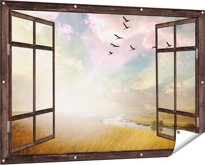 Gards Tuinposter Doorkijk Groep Vogels Vliegen Boven het Gras - 150x100 cm - Tuindoek - Tuindecoratie - Wanddecoratie buiten - Tuinschilderij