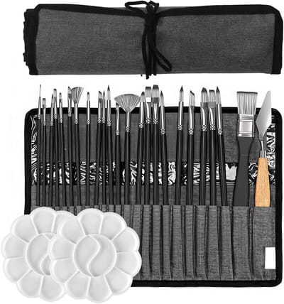 27-delige penseelset voor kunstenaars, inclusief kwasten voor acryl, aquarel en olieverf met handige opbergtas