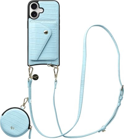 AVY Leren Hoesje geschikt voor Apple iPhone 17 | Met Koord, Wallet en Pouch | Compatibel met MagSafe | Leather Case met 130CM Koord | Long Leather | Croco Blauw