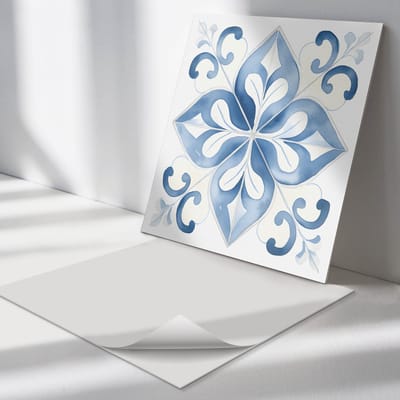 Wallfluent Vinyl Tegels - Bloemenpatroon op tegels Vinyl Vloer Tegels - 30 cm x 30 cm - Blauw PVC Tegels - 9 stuks - Vierkant PVC Tegels - Texturen Plaktegels - Zelfklevende Vinyl Tegels - Plaktegels Keuken en Badkamer