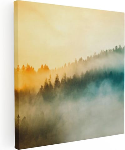 Artaza Canvas Schilderij Mistig Bos - 30x30 cm - Klein - Wanddecoratie Natuur - Muurdecoratie Zonsopgang - Schilderijen Op Canvas