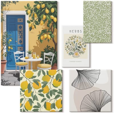 Wallfluent Set van canvas schilderijen - Stijlvolle accenten in planten- en fruitmotieven Canvas Schilderijen Set - Set van 5 Canvas Schilderijen - Geel Set van Canvas Prints - Natuur Canvas Kunst Set - Boheemse Canvas Kunst Set