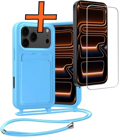 Hoesje Geschikt voor iPhone 17 Pro / 18 Pro Hoesje Met Telefoonketting Pasjeshouder Case Met Screenprotector Koord - Hoesje Geschikt voor iPhone 17 Pro / 18 Pro Hoes Met Kaarthouder - Lichtblauw