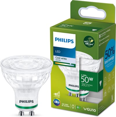 Philips Ultra Efficient LED spot GU10 - 2.4W(50W) - GU10 - 4000K Koelwit licht - 380 lumen