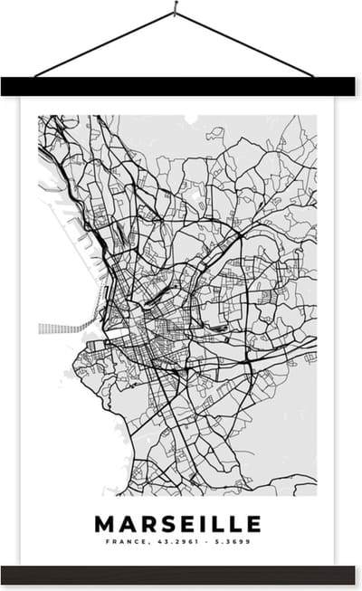 Posterhanger incl. Poster 40x60 cm - Schoolplaat - Marseille - Plattegrond - Frankrijk - Kaart - Stadskaart - Textielposter - Zwarte latten - Stadskaart