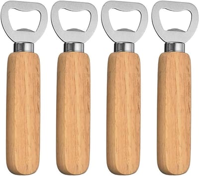 Set van 4 Flessenopeners met Houten Handvat - Gepersonaliseerde Flessenopener voor Thuis, Keuken en Bar Geschenk