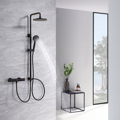 Auralum Max Douchesysteem Met Omstelling Voor Wandmontage - Regendouche Ø 22 cm - Handdouche Ø 10.5 cm - Handdouche met 3 functies - Waterbesparend - Zwart