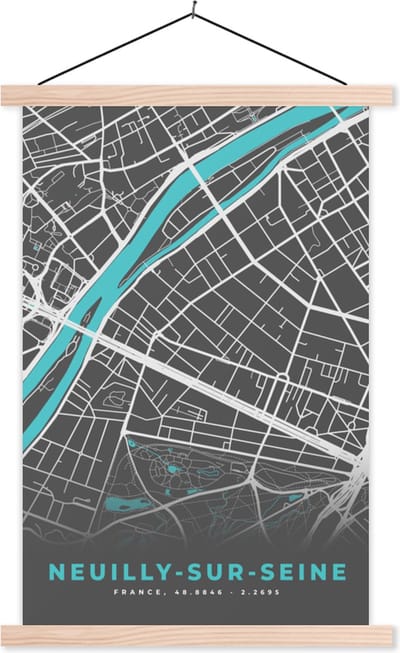Posterhanger incl. Poster 40x60 cm - Schoolplaat - Neuilly-sur-Seine - Frankrijk - Plattegrond - Kaart - Stadskaart - Textielposter - Blanke latten - Stadskaart