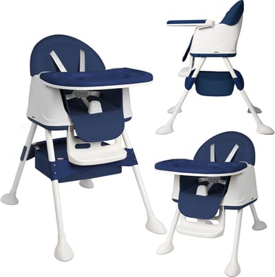 NAIZY Kinderstoel Babystoel 3-in-1 Multifunctionele Eetkamerstoel met 5-punts veiligheidsgordel, Dubbel Blad en Afneembaar Kussen, Blauw