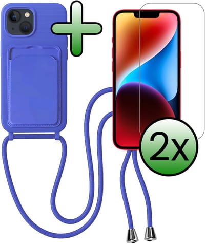 Hoes Geschikt voor iPhone 13 Hoesje Pas Houder Case Hoes Met Koord Met 2x Screenprotector - Hoesje Geschikt voor iPhone 13 Hoes Met Telefoonkoord Pasjeshouder Cover - Felblauw