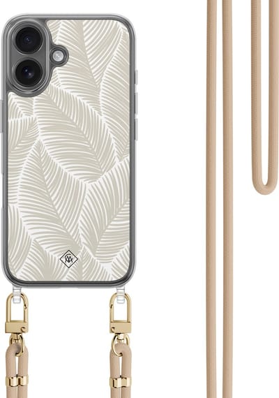 Casimoda® hoesje met koord - Geschikt voor iPhone 16 - Palm Leaves Beige - Afneembaar koord - TPU/polycarbonaat - Multi