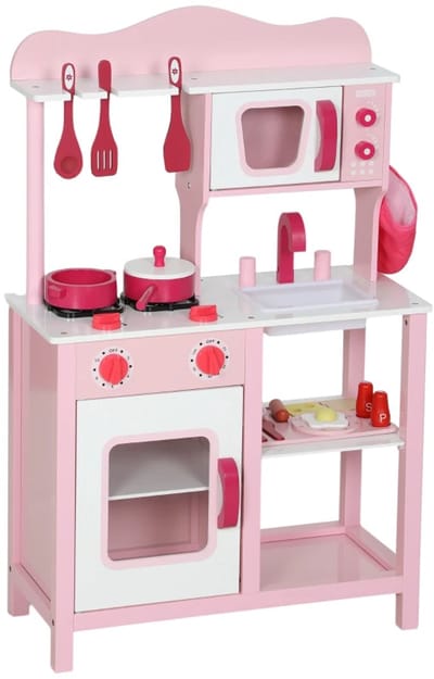 Keuken Speelgoed - Complete Speelkeuken - Kinderkeuken - met Accessoires: Magnetron, Fornuis, Gootsteen, Houten Kookgerei en Speelgoedeten - met Geluid - 3+ - Rollenspel - Cadeau voor Meisjes - Roze
