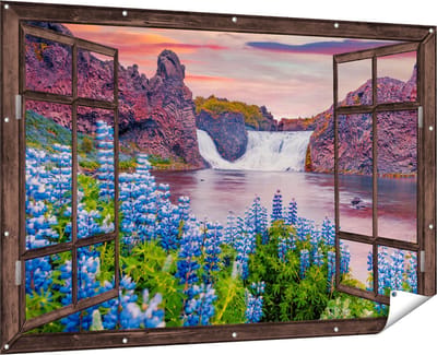 Gards Tuinposter Doorkijk Waterval met Blauwe Lupine Bloemen - 180x120 cm - Tuindoek - Tuindecoratie - Wanddecoratie buiten - Tuinschilderij