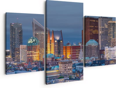 Artaza Canvas Schilderij Drieluik Den Haag Skyline met Wolkenkrabbers - 150x120 - Groot - Foto Op Canvas - Canvas Print