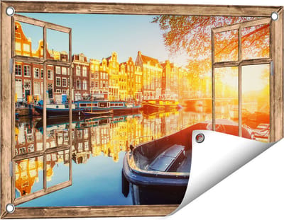 Gards Tuinposter Doorkijk Amsterdamse Brug - Gracht - met Bloemen - 60x40 cm - Tuindoek - Tuindecoratie - Wanddecoratie buiten - Tuinschilderij