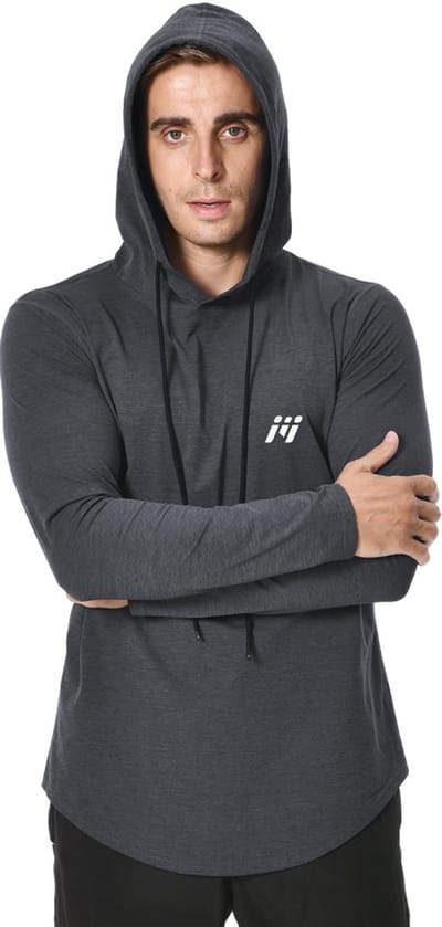 MEETYOO Heren Atletische Hooded Shirts Lange Mouw Workout Sport Hoodie Casual Hardloop T-shirt Snel Droog Pullover Top Sweatshirt (Het LOGO-patroon op de borst wordt willekeurig geleverd)-B-Grijs-S