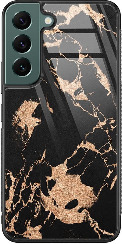 Hoesje geschikt voor Samsung Galaxy S22 - Marmer zwart brons - Luxe Glazen Hardcase - Print / Illustratie - Bruin