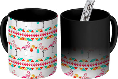 Magische Mok - Foto op Warmte Mokken - Koffiemok - Flamingo - Zomer - Cocktail - Patroon - Magic Mok - Beker - 350 ML - Theemok
