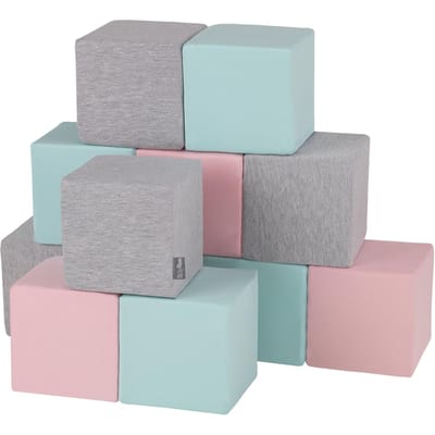 KiddyMoon Zachte Blokken voor Baby 12 Stuks - Montessori speelgoed 1 jaar - Speelmat foam - Foam blokken speelgoed kinderen XXL - Montessori baby - Zachte baby speelgoed - Schuimrubber speeltoestel - Baby speeltuin - Lichtgrijs-Roze-Munt