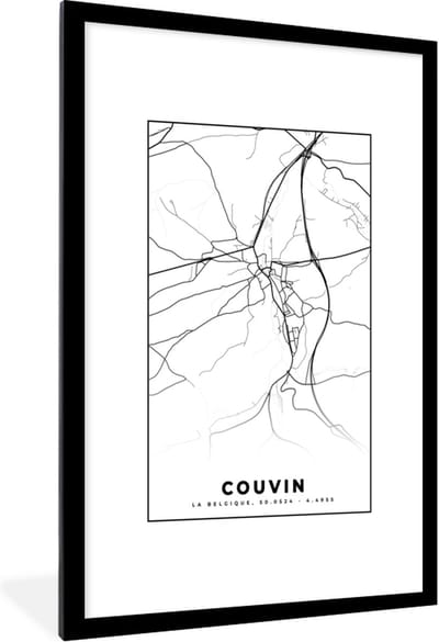 Fotolijst incl. Poster Zwart Wit- Plattegrond – Couvin – Zwart Wit – Stadskaart - Kaart - België - 80x120 cm - Posterlijst