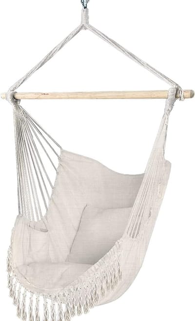 Beige XXL Hangstoel met 2 Kussens en Boekenvak - Voor Binnen en Buiten