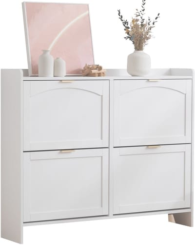 Merax Moderne Schoenenkast met 4 Klapvakken – Smalle Schoenenkast 110×24×90 cm – Schoenenrek met Open Opbergvakken & Decoratief Bovenblad – Wit