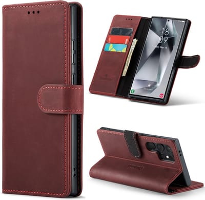 Casemania Echt Leren Hoesje Geschikt voor Samsung Galaxy S24 Ultra - Crimson Red - Leer Wallet Hoes - Portemonnee Book Cover met Pasjeshouder