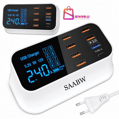 USB Oplader 40W met 8 Poorten – Snellader QC 3.0 & USB-C met LCD Display – Desktop Telefoonlader – snellader qc 3.0 – telefoon oplader meerdere apparaten – universele usb snellader – usb laadstation – 30135