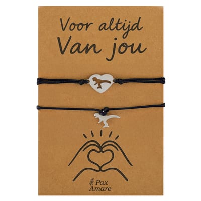 Koppel Armbandjes voor 2 "Voor altijd van Jou" - Dino's - Vriendschapsarmbandjes met Valentijn Cadeau Kaartje - Zwart & Zilverkleurig - Elastisch Verstelbaar - Pax Amare