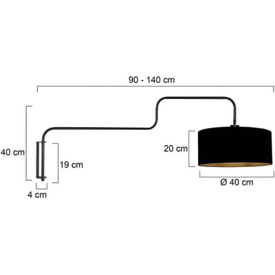 Zwarte Wandlamp Bloeba 4172ZW - Draaibaar & Uitklapbaar, Metaal en Textiel, Diameter 40 cm en Hoogte 20 cm, Steinhauer