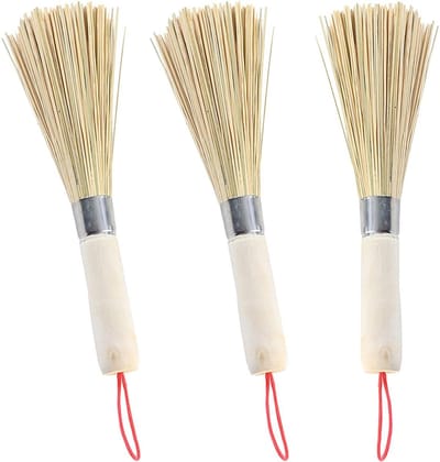 Set van 3 bamboe wokborstels - Wokreinigingsroerder Koekenpanborstel - Keuken Houten schoonmaakborstel met lange steel - Bamboepotwasborstel - Geschikt voor thuis en restaurant