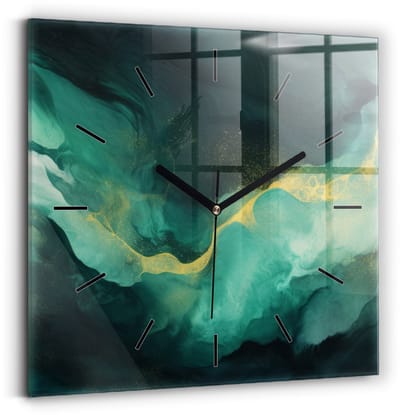 Wallfluent Wandklok - Groen marmer Stijlvolle Klok - 30 cm x 30 cm - Groente Wandklok - Zwarte Handen - Wandklok Zonder Cijfers - Wandklok voor in de Keuken - Vierkante Glazen Wandklok - Scandinavisch Wandklok - Klok met Print