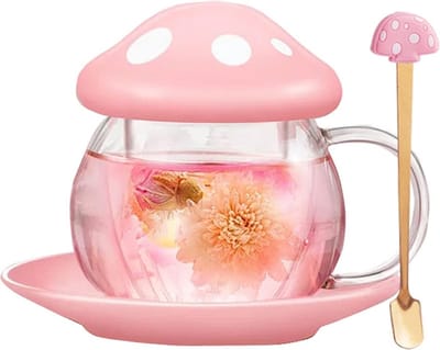 The translation of the text to Dutch is as follows: Theekopjes, Paddenstoelglas, Koffiekopje met zeef, Theezeef voor losse thee, Hittebestendig, 290 ml.