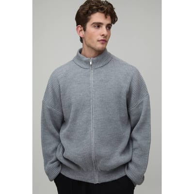 Relaxed Fit Geribbeld Gebreid Trainingsjack | Grey | Size XL